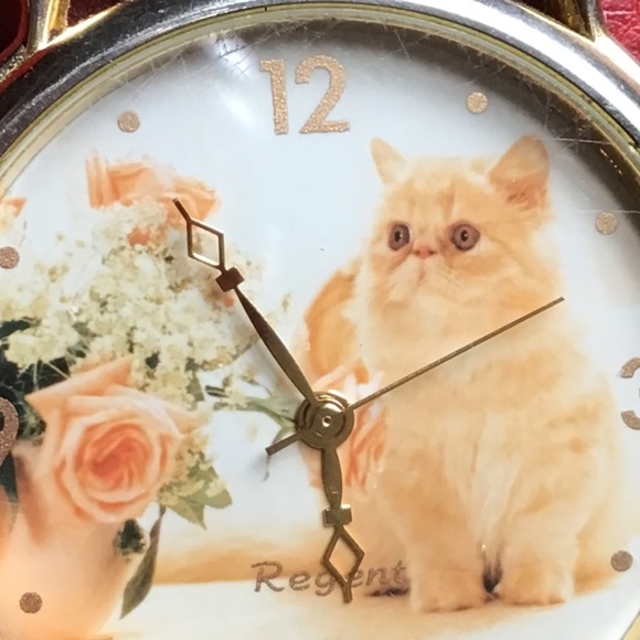 Vintage Regent Watch Cat Flowers Gold Tone Black Leather Wristband Analog Dial - Picture 13 of 16
